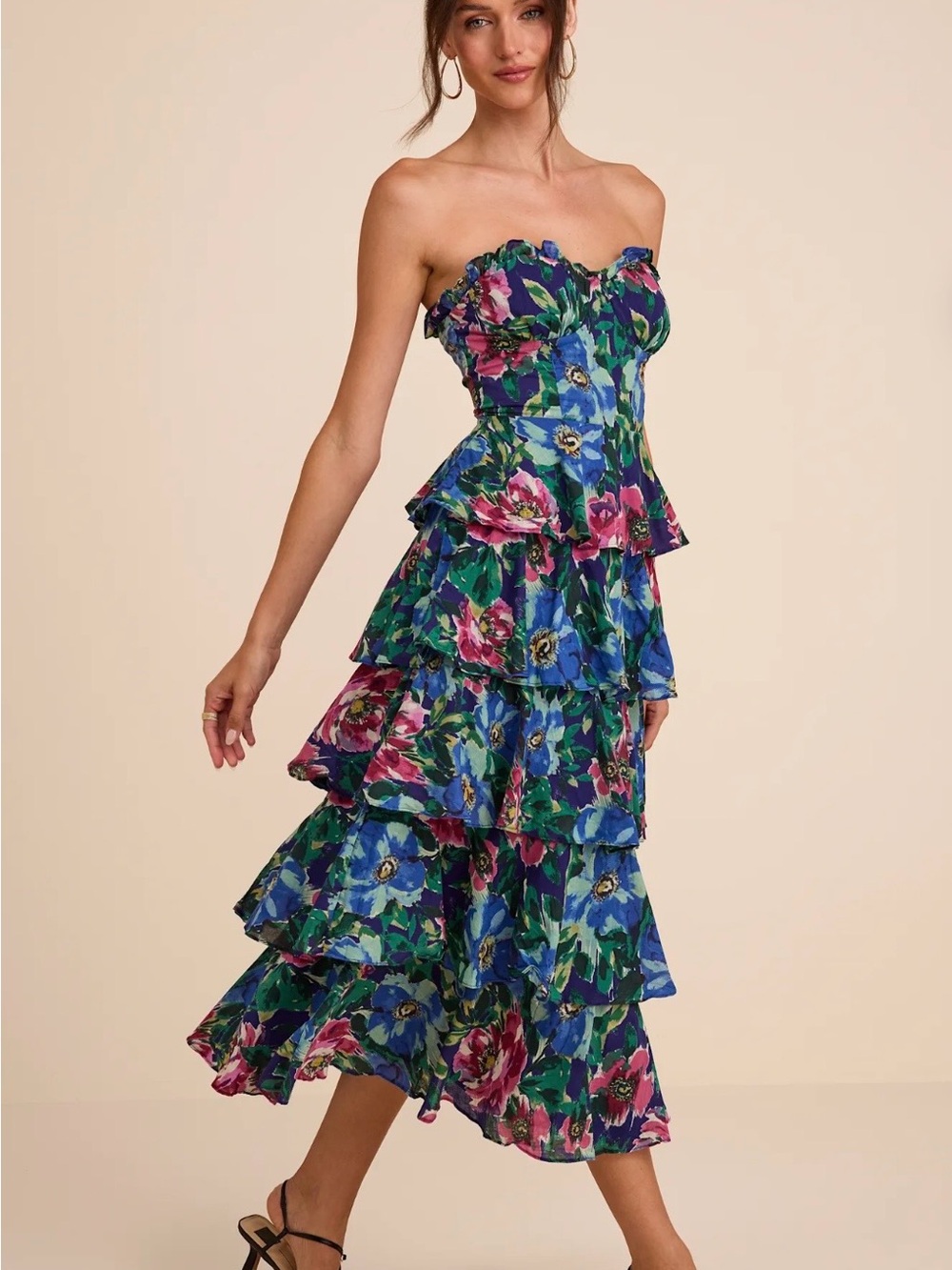 Lulu's Strapless Floral Tiered Midi Dress in Blue, Green & Pink - Picture 4 of 8